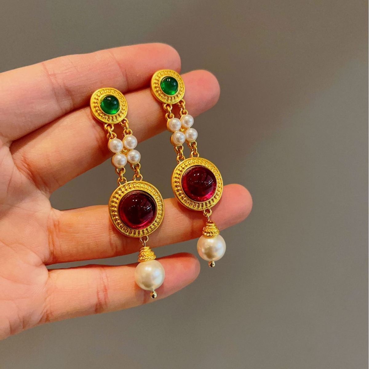 复古中古风耳环彩色琉璃珍珠耳坠气质夸张个性宫廷风纯银耳饰品