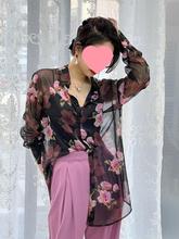 新中式复古玫瑰印花透视网纱上衣女洋气百搭宽松显瘦防晒雪纺开衫