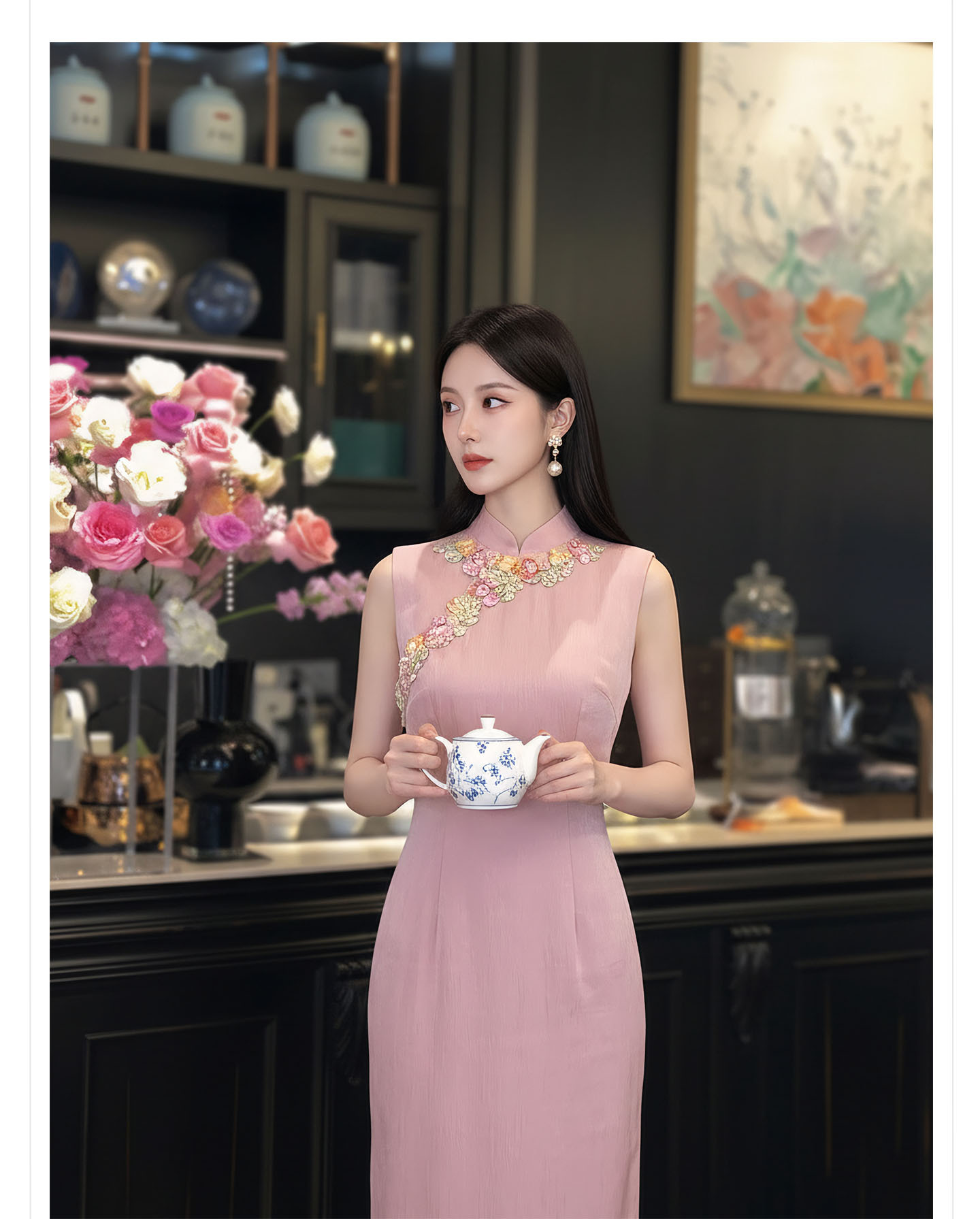 Bộ váy đầm maxi thắt eo kiểu Trung Hoa cải tiến kèm áo khoác choàng tua rua — Trang chủ, bộ đồ, váy liền, váy xanh chi tiết 10