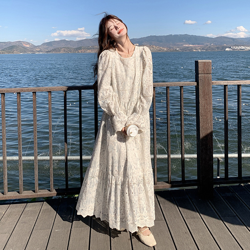 Women's Spring and Autumn Long Dress 2025 New Age-Reducing Casual Quality-Enhancing Lace Maxi Dress Trendy