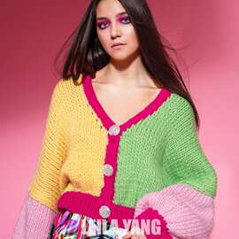 2023秋冬手工编织马卡龙慵懒风撞色开衫外套女sweater