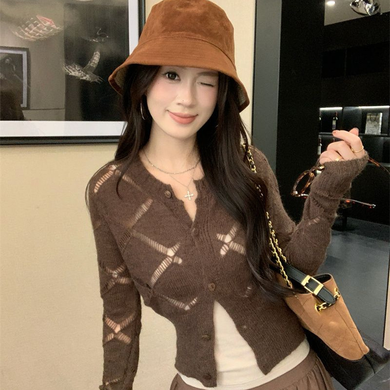 2025 Autumn/Winter Maillard Retro Style Long Sleeve Knitted Cardigan with Unique Hollow Design Slim Fit Top