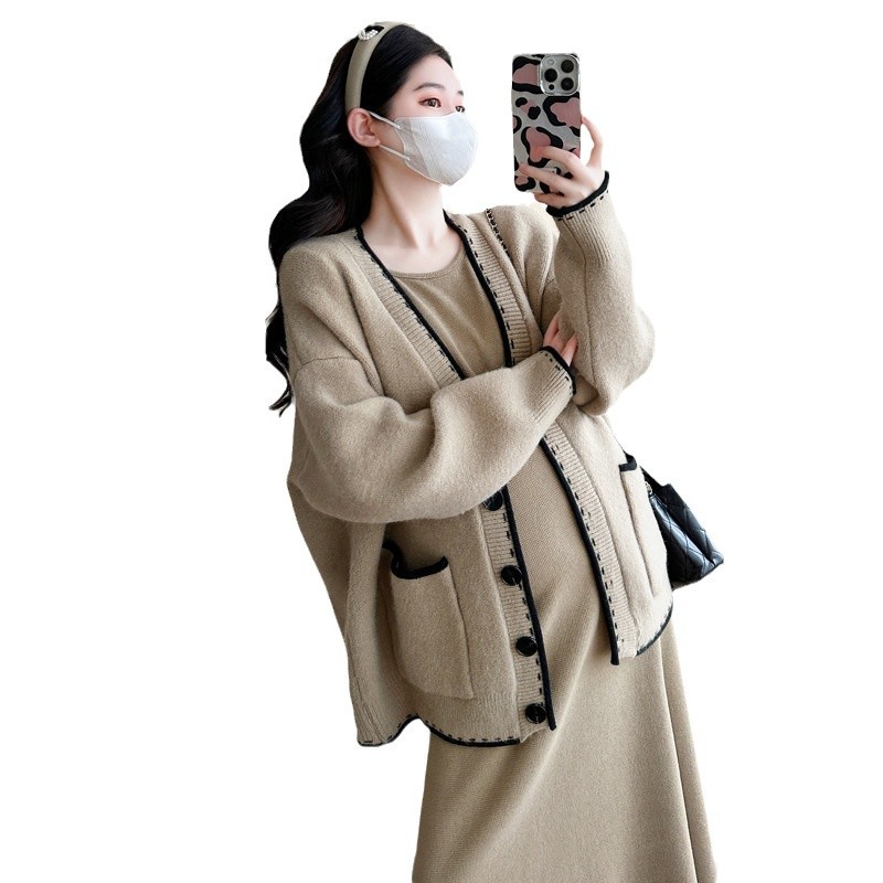 임산부 의류 가을과 겨울 패션 엄마 새로운 패션 기질 니트 코트 겨울 캐주얼 베이스 셔츠 원피스 투피스 세트