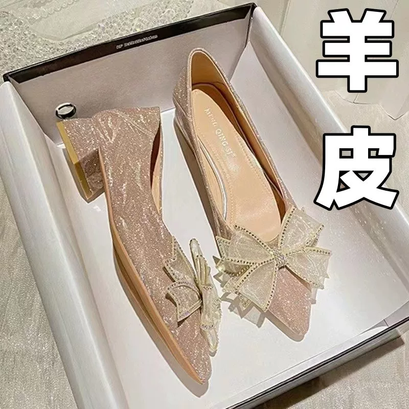 Wedding bow shoes, first‑layer sheepskin upper, plus sizes 32–43, silver gray or champagne