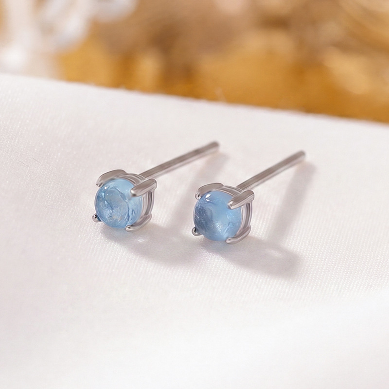 Bông tai nữ bạc S925 đính đá aquamarine hình tròn phong cách tối giản — Một đôi