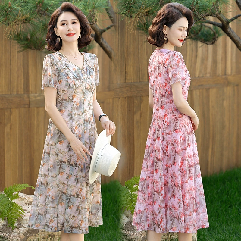 Летнее платье для матери среднего возраста, платье с короткими рукавами, элегантная утягивающая юбка средней длины с цветочным принтом для женщин среднего и пожилого возраста.