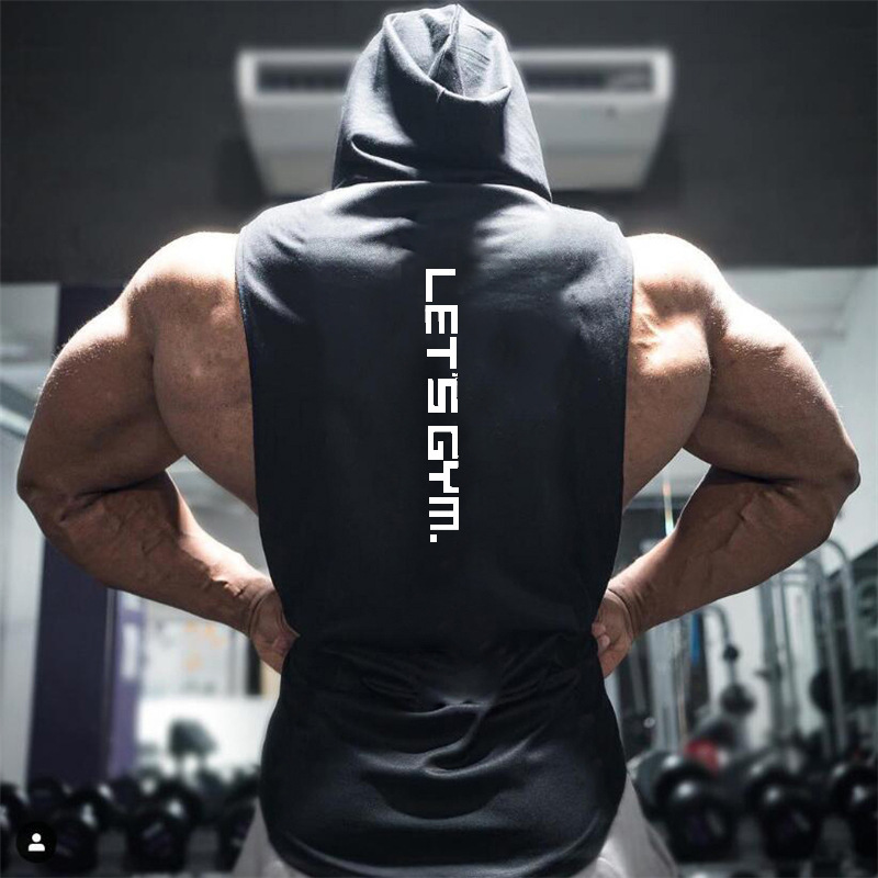 Fitness vest men's hooded clothes rolled iron waistcoat I-character training clothes sports loose sleeveless shirt summer Fitness vest men's hooded clothes rolled iron waistcoat I-character training clothes sports loose sleeveless shirt summer