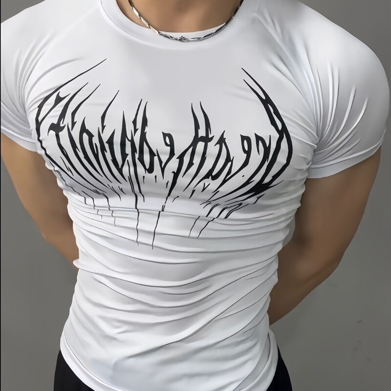 American-Style Muscle Retro Gothic Style Training Fitness Clothing Compression Quick-Dry High-Elastic Slim-Fit Tight Sports Shirt