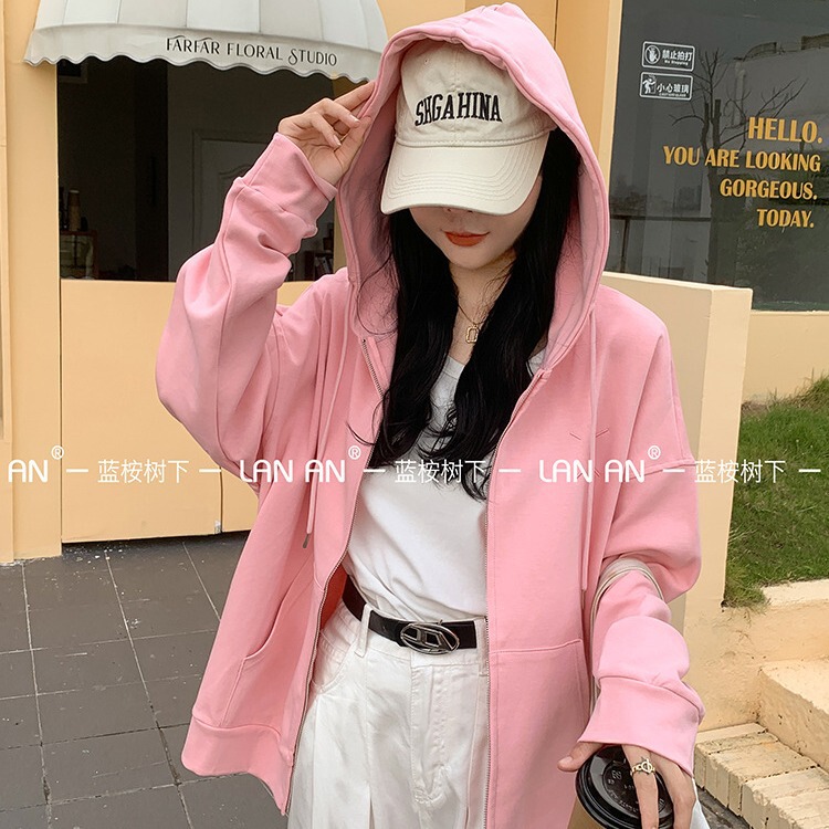Autumn and Winter double-sided cotton hooded student drawstring pocket loose large cardigan sweater coat women's clothing