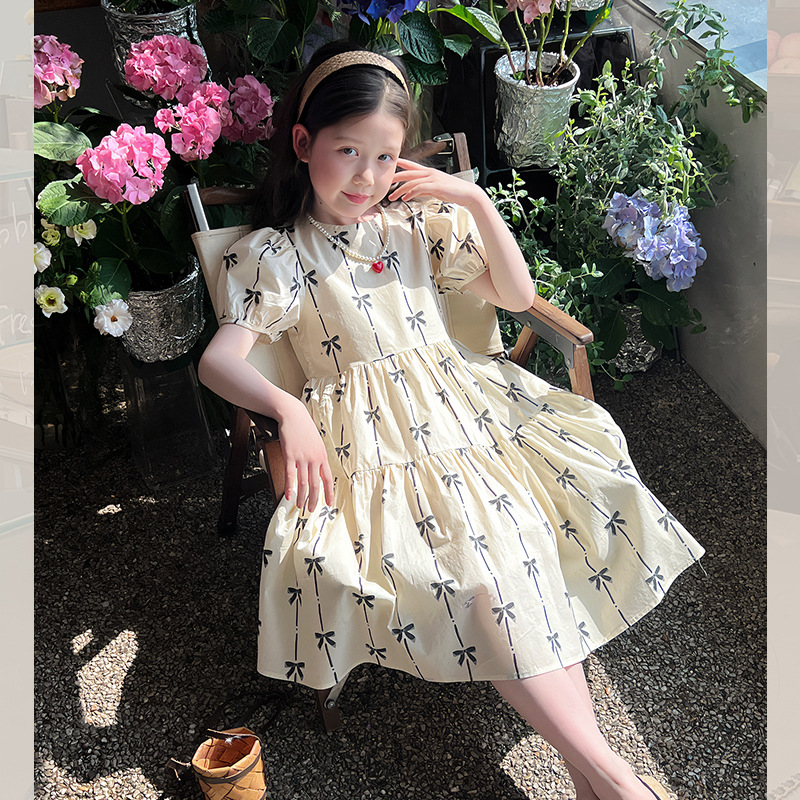Girls' Sweet Short-Sleeved Dress, Kidsren's Fashionable Korean Style White Skirt, Big Kidsren's Dress, Princess Dress, 2025 Summer New Style