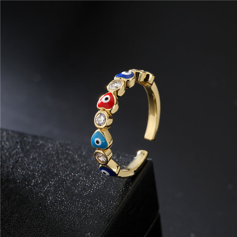 New Copper Plated 18k Gold Dripping Oil Zircon Love Heart Devil's Eye Open Ring Gift Wholesale display picture 2