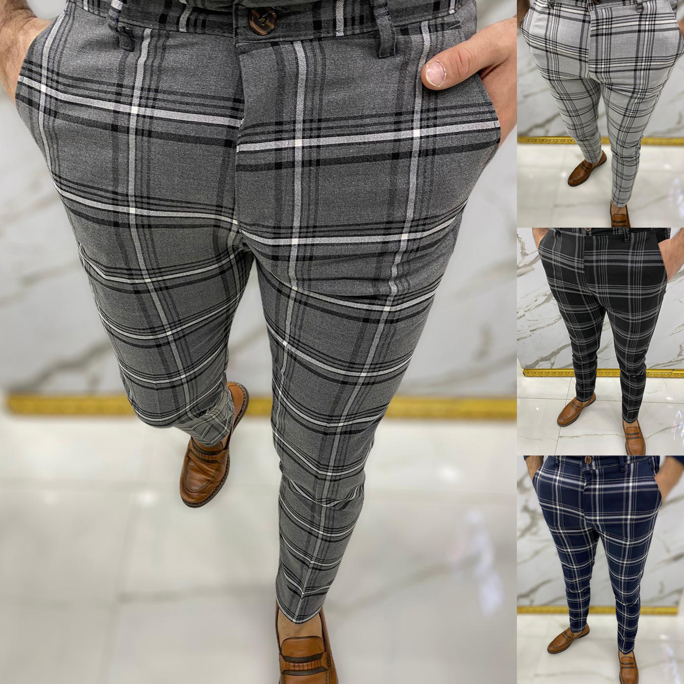 Herren Freizeithose Mit Karomuster Business Stoffhose Elastisch_voghion.com