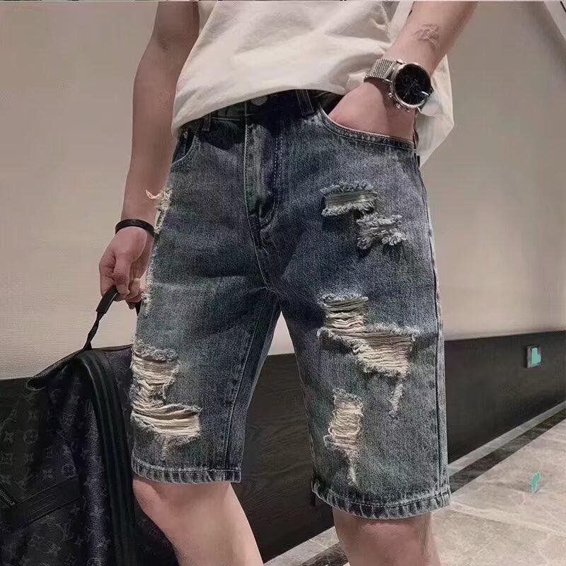 Ripped Denim Shorts Trendy Brand Yipi Shuai Fried Street Men's Summer Loose Straight Medium Pants All-match Five-point Jeans Trendy