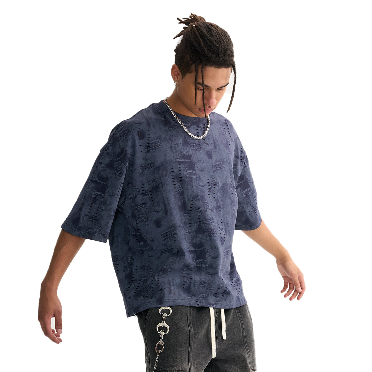 ETAI Hombre| Marca de moda desgastada jeans viento boxy camiseta de hombre de algodón pesado texturas jeans de hombre de manga corta