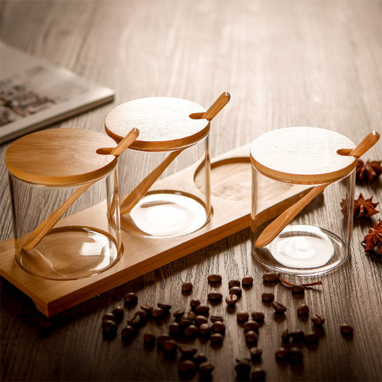 批发高硼硅玻璃厨房家用调料罐透明玻璃竹盖带勺调料瓶3个组合装