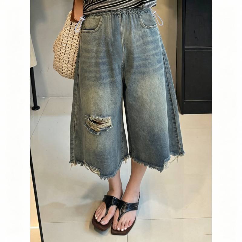 Vintage Distressed Ripped Maternity Denim Shorts for Women, Summer Casual Loose Fit, Slimming, Plus Size Wide-Leg Pants Vintage Distressed Ripped Maternity Denim Shorts for Women, Summer Casual Loose Fit, Slimming, Plus Size Wide-Leg Pants