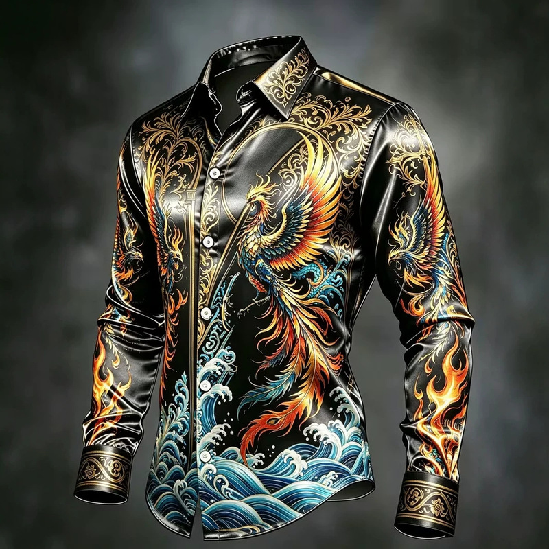 Black Gold Phoenix Patterned Long-Sleeved Shirt for Men, High-End Drapey Satin Light Luxury Floral Shirt