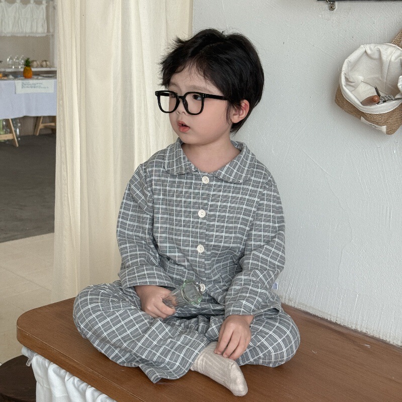 【布莱格德绒】儿童抗静电睡衣洋气开衫ins风格子家居服套装宝宝|undefined