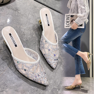 Baotou Half Slippers Women's 2023 Summer New Arrival Sequin Pointed Stiffhead Cyber Celebrity Slippers High Heel Outer Wear Sandals