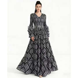 跨境优雅钉珠立体花朵连衣裙女春褶皱泡泡袖盘花大码弹力显瘦长裙