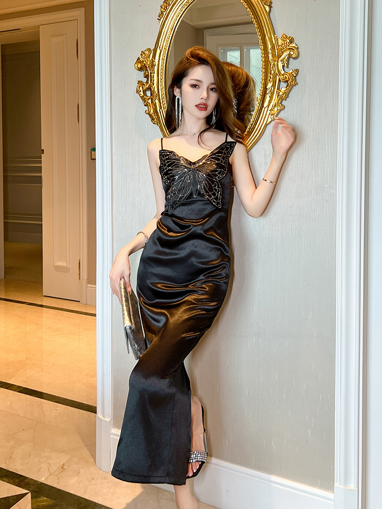 Váy dài maxi nữ cổ chữ V dây mảnh eo cao kiểu Pháp — Màu đen