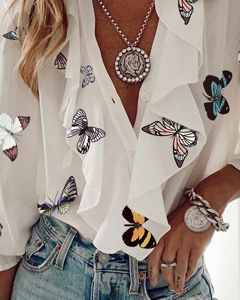 238g Weight Long Sleeve Sleeve Length Regular Sleeve Sleeve Type Chiffon Fabric Type Regular Top Length Blouse Tops Type Daily Occasion V Neck Neckline Loose Fit Type Printing, Butterfly Pattern Summer, Spring, Autumn Season Women's Gender Elegant Style Wholesale Women's Elegant Printing Butterfly Long Sleeve Blouses 18
