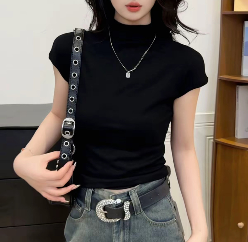 2025半高领短袖T恤女时尚纯色韩版显瘦早秋打底衫内搭女上衣显瘦|undefined
