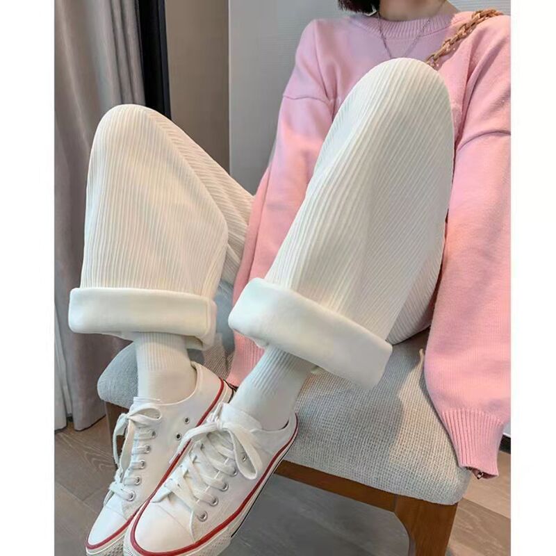 Velvet Chenille Wide-leg Pants for Women in Autumn and Winter High-waisted Drapey Off-white Corduroy Casual Straight Long Pants