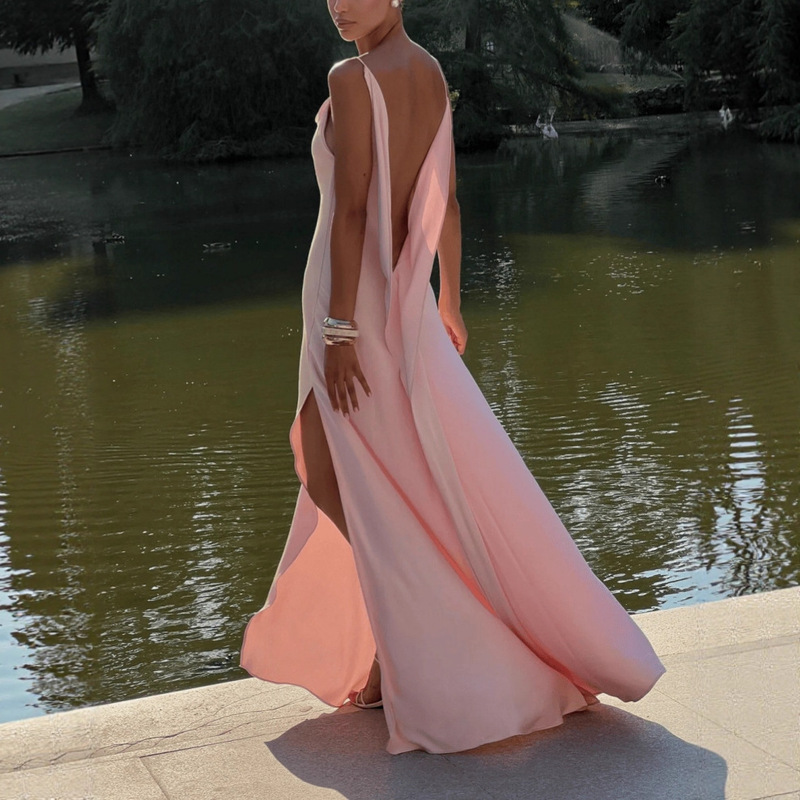 Independent Station Cross-Border European and American 2025 Export Sexy Backless Slit Dress Slim Suspender Long Dress for Women