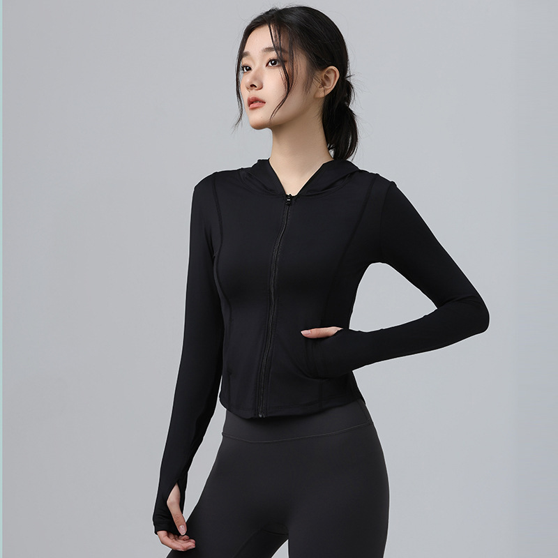 Ropa fina de yoga para mujer, chaqueta informal, sudadera con capucha y cremallera de manga larga, top deportivo para correr, alta elasticidad