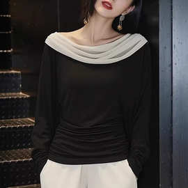 法式气质小资黑拼白色荡领T恤女2026春季新款高级感独特洋气上衣