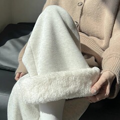 秋冬の女性用ホワイトグレーラムウールスウェットパンツ、ハイウエストコットンパンツ、背の高い人向けのカジュアルワイドレッグパンツ、厚みのあるベルベットパンツ