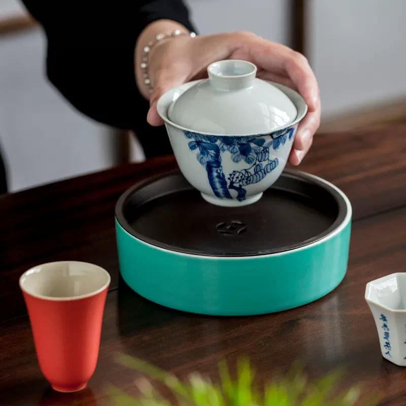 梧桐树手绘青花盖碗陶瓷手工功夫茶具泡茶碗日式仿古绿松石壶承