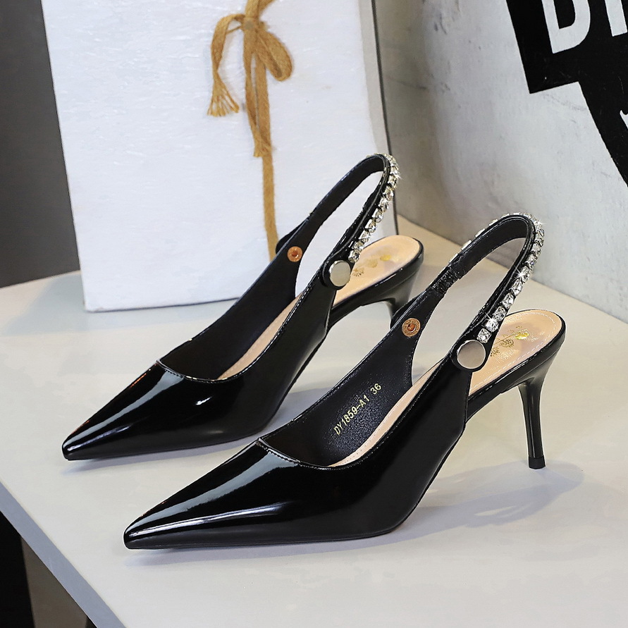 1859-AK201 European And American Style Patent Leather Shallow Pointed Toe Fashion Rhinestone Back Strap High Heel_voghion.com