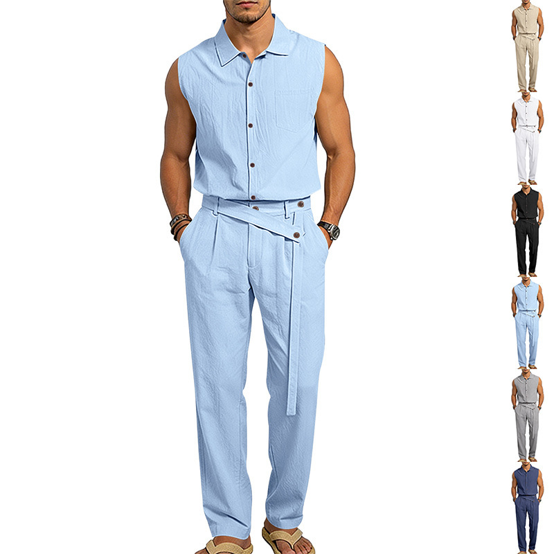 Men's Linen Blend Short Sleeve Shirt And Pants Set Breathable Casual Summer Outfit Comfortable Relaxed Fit_viptrois.com