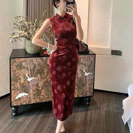 跨境气质复古风红色印花盘扣无袖连衣裙高级感女夏改良旗袍开衩裙