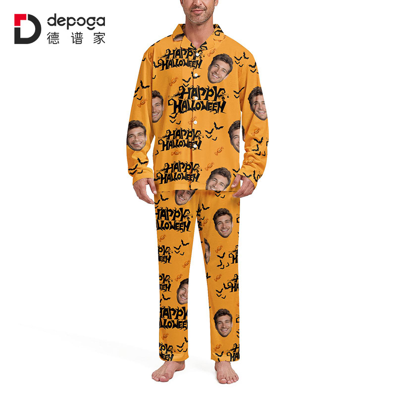 万圣节个性3D睡衣男套装外贸欧美翻领长袖长裤居家服氨纶布厂家