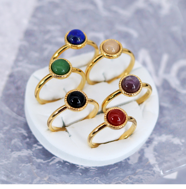 Titanium Steel 18K Gold Plated Casual Sweet Round Inlay Natural Stone Agate Rings display picture 1