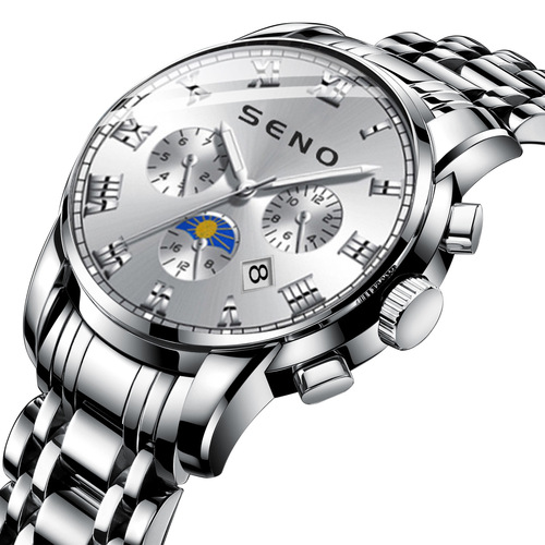 SENO Casual Sun Moon Star Watch Men's Quartz Watch Waterproof Calendar Luminous Stainless Steel Watch One Piece Dropshipping