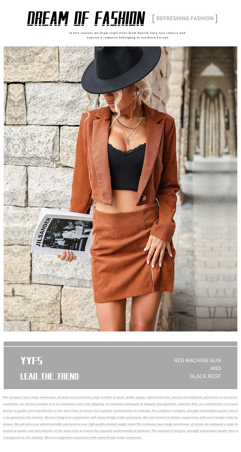 Mode Damenbekleidung neues zweiteiliges Set aus einfarbigem Cord-Anzugrock_voghion.com