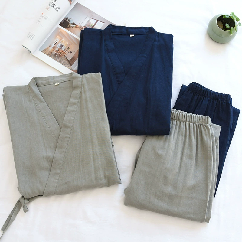 Оптовая весенне-летняя мужская двойная марлевая кимоно-пижама из японского хлопка Одежда от пота впитывающая пот дышащая домашняя одежда