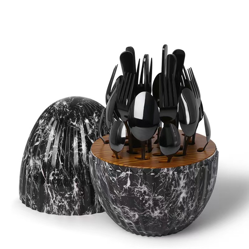 부드러운 둥근 계란과 검은 돌 식기 24점 세트