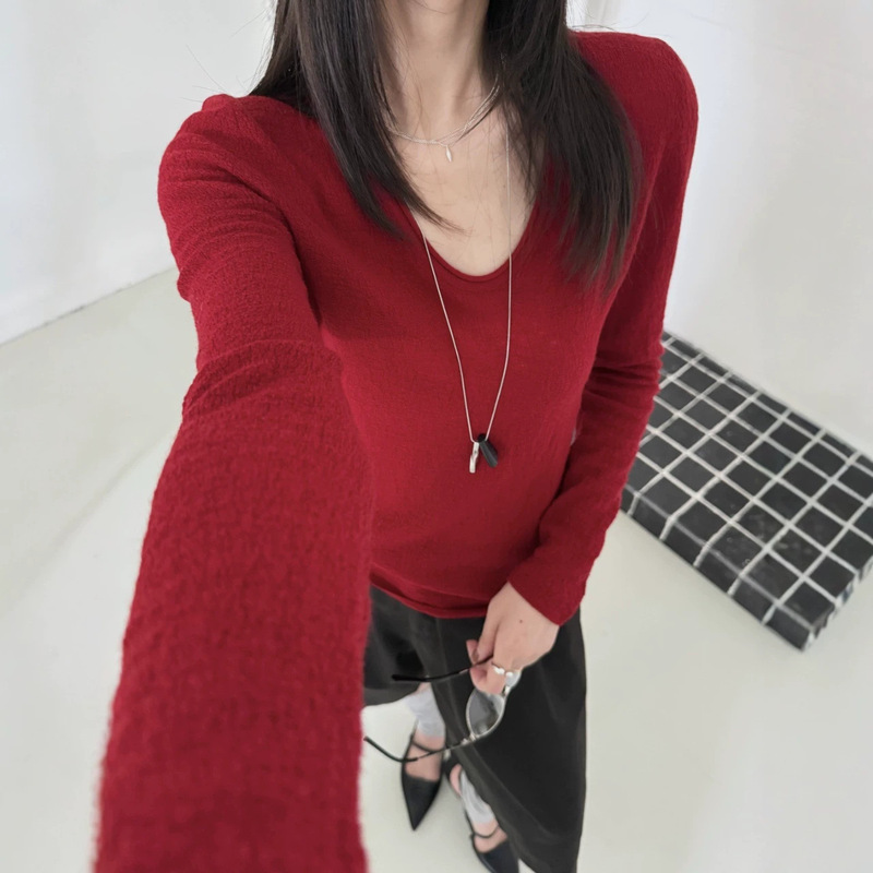 Double-layer collar 100% sheep wool base shirt for women, 2026 autumn and winter slim-fit pure wool base U-neck shirt Double-layer collar 100% sheep wool base shirt for women, 2026 autumn and winter slim-fit pure wool base U-neck shirt