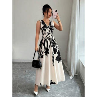 外贸女装连衣裙2026夏季女士法式优雅印花收腰无袖中长款大摆裙女