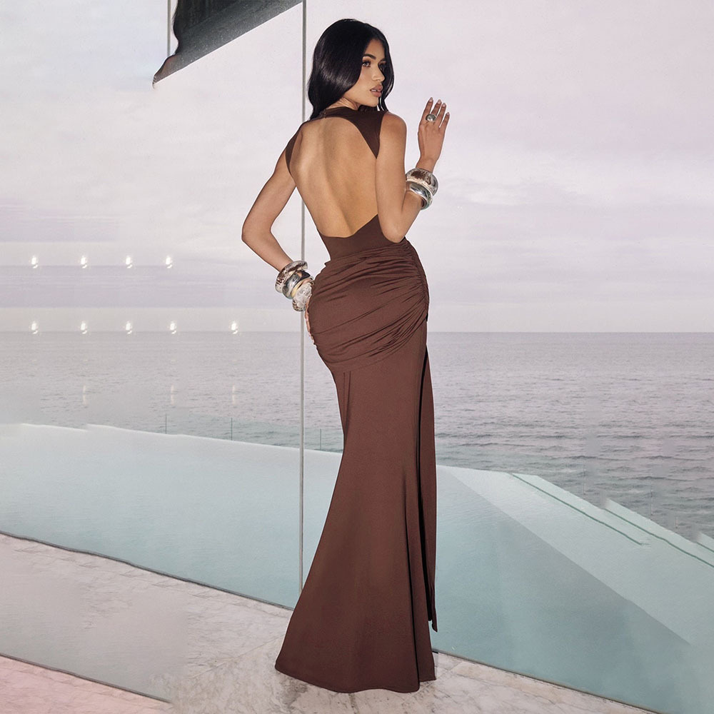 2025 Europa y Estados Unidos transfronterizos otoño nueva moda de color sólido sin mangas vestido de tiras de la mujer es sensible a la exposición de la prensada de la parte trasera de la falda image 4