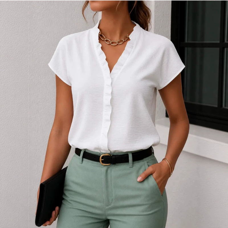 Elegant Commuter Style Ruffled V-Neck Cap Sleeve White Shirt for Women, Loose Fit, Slimming, Versatile, Simple Summer Office Top Elegant Commuter Style Ruffled V-Neck Cap Sleeve White Shirt for Women, Loose Fit, Slimming, Versatile, Simple Summer Office Top