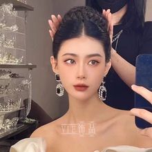 2025新款欧美巴洛克复古黑宝石耳环女 925银针耳钉夸张闪钻耳坠