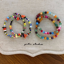 韩国新款多巴胺彩色石头串珠项链 时尚小众设计感锁骨链百搭项饰