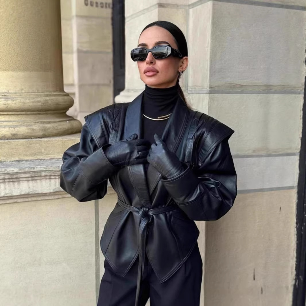 European and American Cross-Border Popular New Winter Retro Lace-Up Leather Jacket Women's Casual Fashion Lapel Pu Leather Jacket