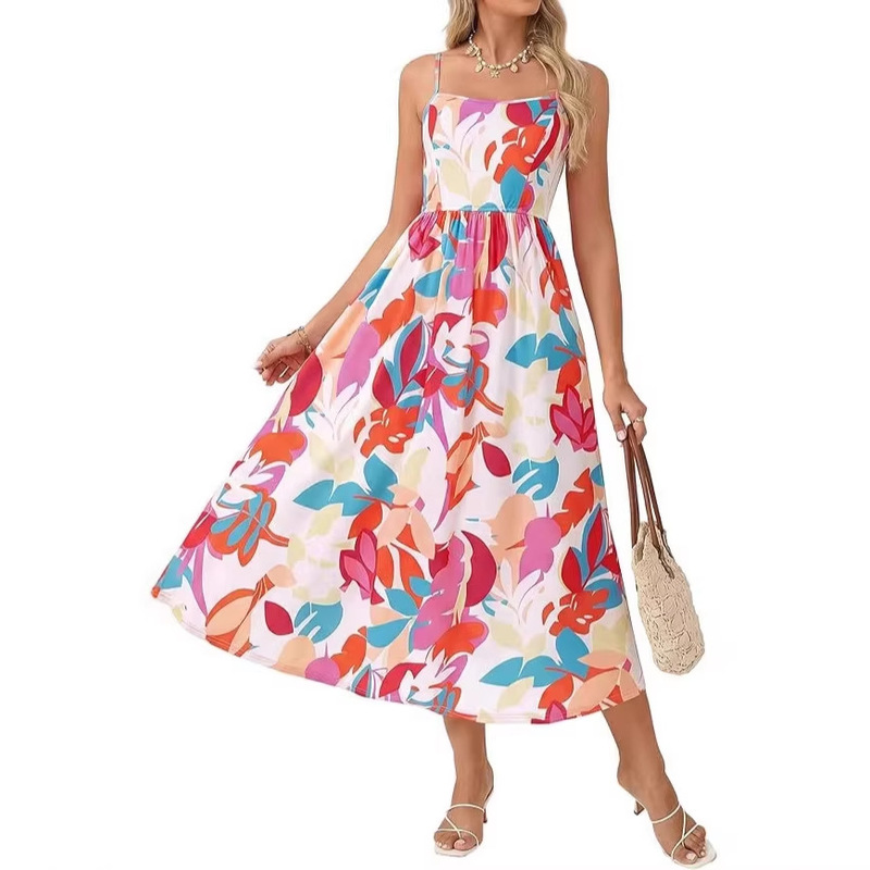 2026 Summer Floral Long Dress, Backless Beach Bohemian Style, Perfect for Island Photoshoots